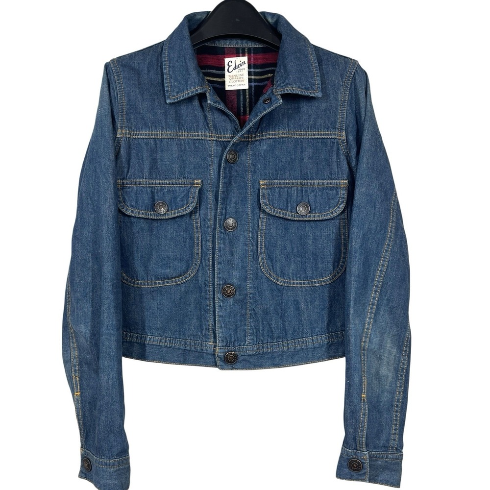 Edwin Flannel Lined Denim Trucker Jacket Womens S 100% Cotton Cinch Back